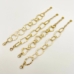 Textured gold-plated stainless steel chain bracelets with hammered finish in various shapes