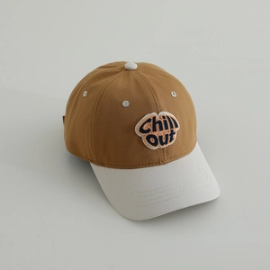 Two-tone cotton baseball cap with Chill out embroidery for kids in brown and beige