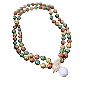 18K gold plated multi-color pearl necklace with a large teardrop pearl pendant