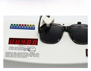 Detail view of UV400 protection test on square sunglasses showing UV-A/B filtering