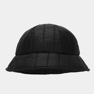 Detail view of the black quilted texture and soft padded fabric on the winter bucket hat