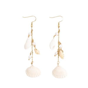 Bohemian beach seashell and pearl long tassel drop earrings with golden hooks for summer