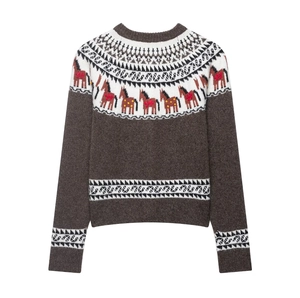 Women's brown knit sweater featuring Fair Isle horse jacquard and Nordic style details