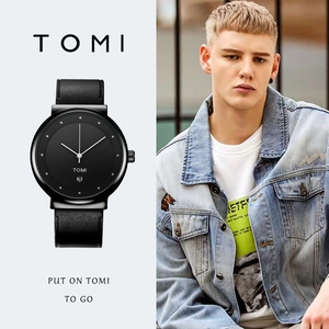 Minimalist black quartz watch with leather strap and date display for men and women