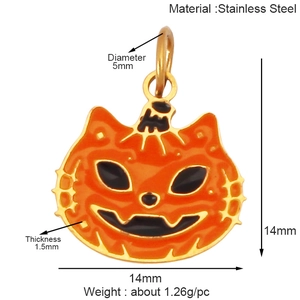 Macro detail of pumpkin cat pendant with dimensions and stainless steel material specs