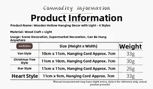 Detailed size and weight chart for hollow wooden LED Christmas ornaments in four designs