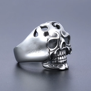 Retro punk hollow stainless steel skull ring for men in vintage silver finish
