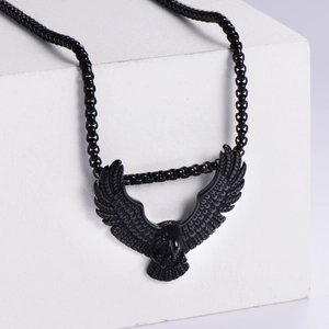 Vintage black stainless steel eagle pendant necklace for men with bead chain on white base