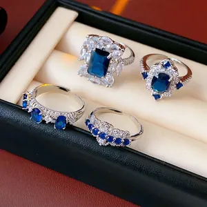 Adjustable Open Ring Copper Blue Cubic Zirconia Hollow Lace Geometric Fashionable Jewelry For Women