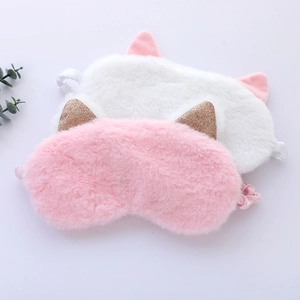 Cute plush cat ear sleep mask set in pink and white with golden sequins and fur texture