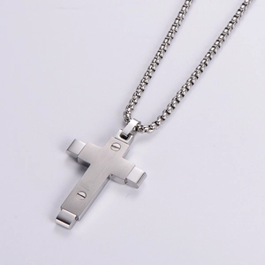 Two-tone stainless steel cross necklace for men with screw details and box chain link