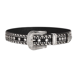 Cintura Y2K in pelle nera decorata con strass luccicanti e borchie in metallo