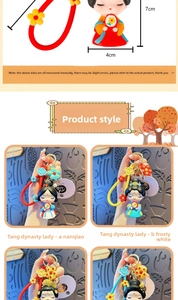 Detailed size view of cartoon Tang Dynasty girl keychain with silicone wrist strap and charm