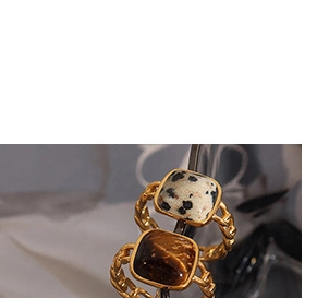 Macro shot of two vintage gold rings with Dalmatian and Tiger Eye stones in chain texture