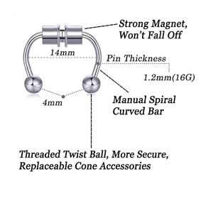 Silver magnetic horseshoe fake nose ring with 1.2mm thickness and 4mm removable balls