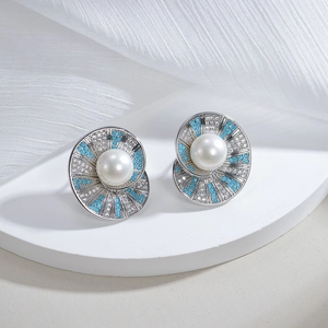 Luxury Spiral Round Stud Earrings With Shell Artificial Pearl Zircon 925 Sterling Silver Earring Post For Women Elegant Jewelry