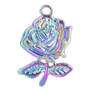 Rainbow-colored stainless steel rose pendant with a smooth 3D metallic floral design