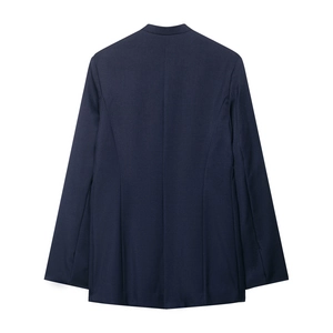 Navy blue women's blazer jacket back view with premium woven texture on white background