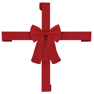 Detail of red ribbon bow with cross structure for Christmas cabinet decoration