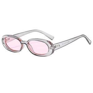 Retro oval sunglasses with transparent grey frames and pink lenses for UV protection