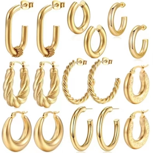 Set of gold-plated stainless steel geometric hoop earrings in various textured styles
