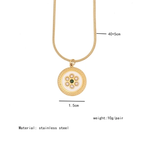 Detail of gold stainless steel necklace with green gem, pearls, and sizing dimensions