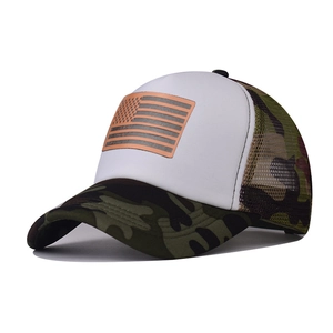 Camouflage American flag trucker hat with breathable mesh back and white front panel