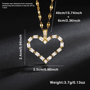 Detailed view of heart pendant necklace with measurements and sparkling cubic zirconia