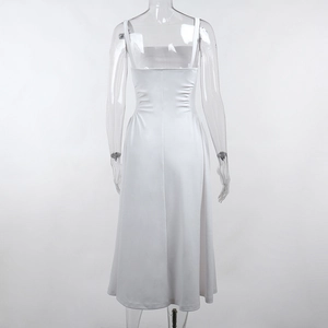 Detail of smocked waist and back slim fit design on white A-line strap midi dress