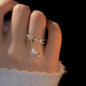Elegant Bow Knot Open Ring Copper With Double Layer Cubic Zirconia And Dangle Faux Artificial Pearl Tassel For Women