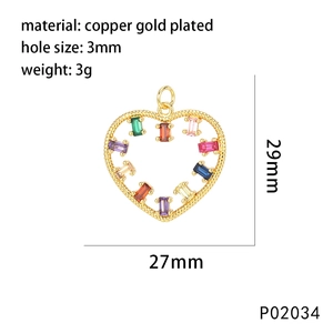 Detailed view of heart-shaped brass pendant with colorful zircon and size annotations