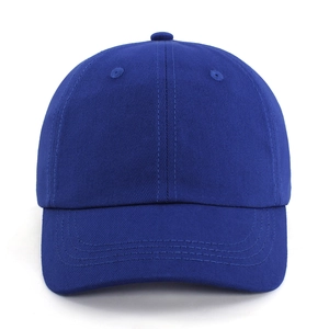 Detailed close-up of blue cotton twill baseball cap stitching and curved brim detail