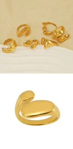 Close-up of minimalist 18k gold plated stainless steel rings with mirror polished finish