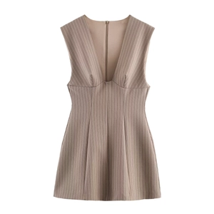 Robe Mini Rayée Sans Manches Pour Femmes Col En V Profond Coupe Slim Taille Haute Sexy Moulante Clubwear Polyester