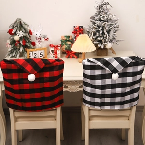 Christmas Chair Back Covers Buffalo Plaid Hat Shape Fabric Red Black White Checkered Dining Room Kitchen Festive Decorations