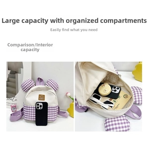 Detail of kids purple checkered backpack showing large capacity interior and cute design