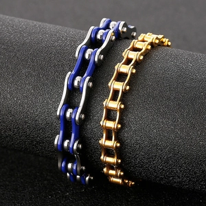 Industrial style bicycle chain bracelet for men in stainless steel blue and gold