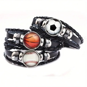 Braided PU Leather Sports Bracelet Adjustable Multi Layer Alloy Glass Dome Basketball Soccer Baseball Charm Jewelry