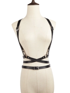 Cyberpunk style faux leather harness belt with metallic rings and adjustable straps