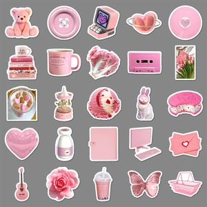 Set of 50 pink aesthetic waterproof stickers featuring bears, vintage computers, and tulips