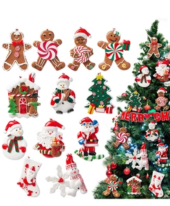 Detailed assortment of Christmas tree ornaments featuring gingerbread man and Santa designs