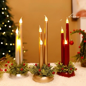 Christmas LED Candle Light Electronic Flickering Flameless Candle Lamp Desktop Ornament With Pine Berry Base Holiday Decor