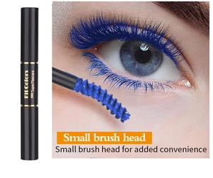 Macro shot of blue mascara application with a small brush for volume and curl