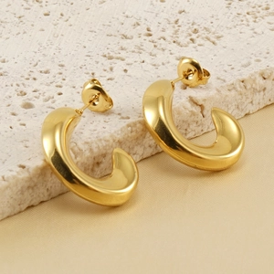 Stainless Steel Hoop Earrings C Shaped 18K Gold Plated Polished Geometric Minimalist Niche Design Jewelry For Women