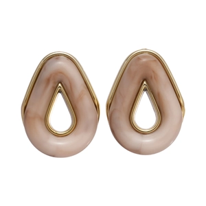 Retro resin teardrop earrings with gold hollow frame and light coffee marble pattern