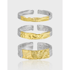 925 Sterling Silver Adjustable Open Rings For Women Irregular Hammered Lava Texture Two Tone Gold Silver Plated Jewelry