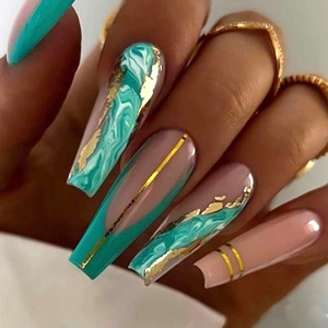 Long coffin press-on nails with green marble texture, gold foil, and French lines
