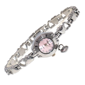 Close-up of pink quartz watch dial and silver hollow heart-shaped chain links