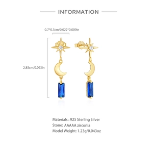 Detailed view of 925 silver star and moon earrings with blue gems and dimensions