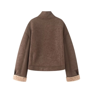 Back view of a brown faux leather jacket with cream fleece trim and lapel collar